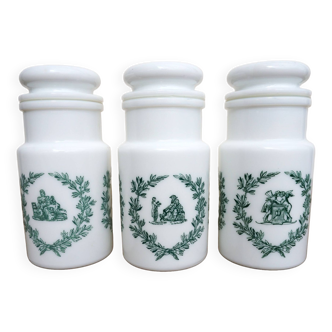 3 pots vintage d'apothicaire ou de pharmacie en opaline