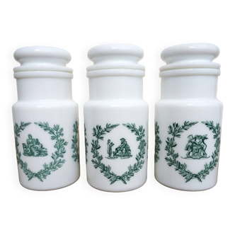 3 vintage opaline apothecary or pharmacy jars