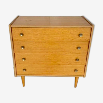 Commode vintage en chêne clair moderniste a 4 tiroirs annee 1960
