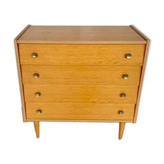 Commode vintage en chêne clair moderniste a 4 tiroirs annee 1960