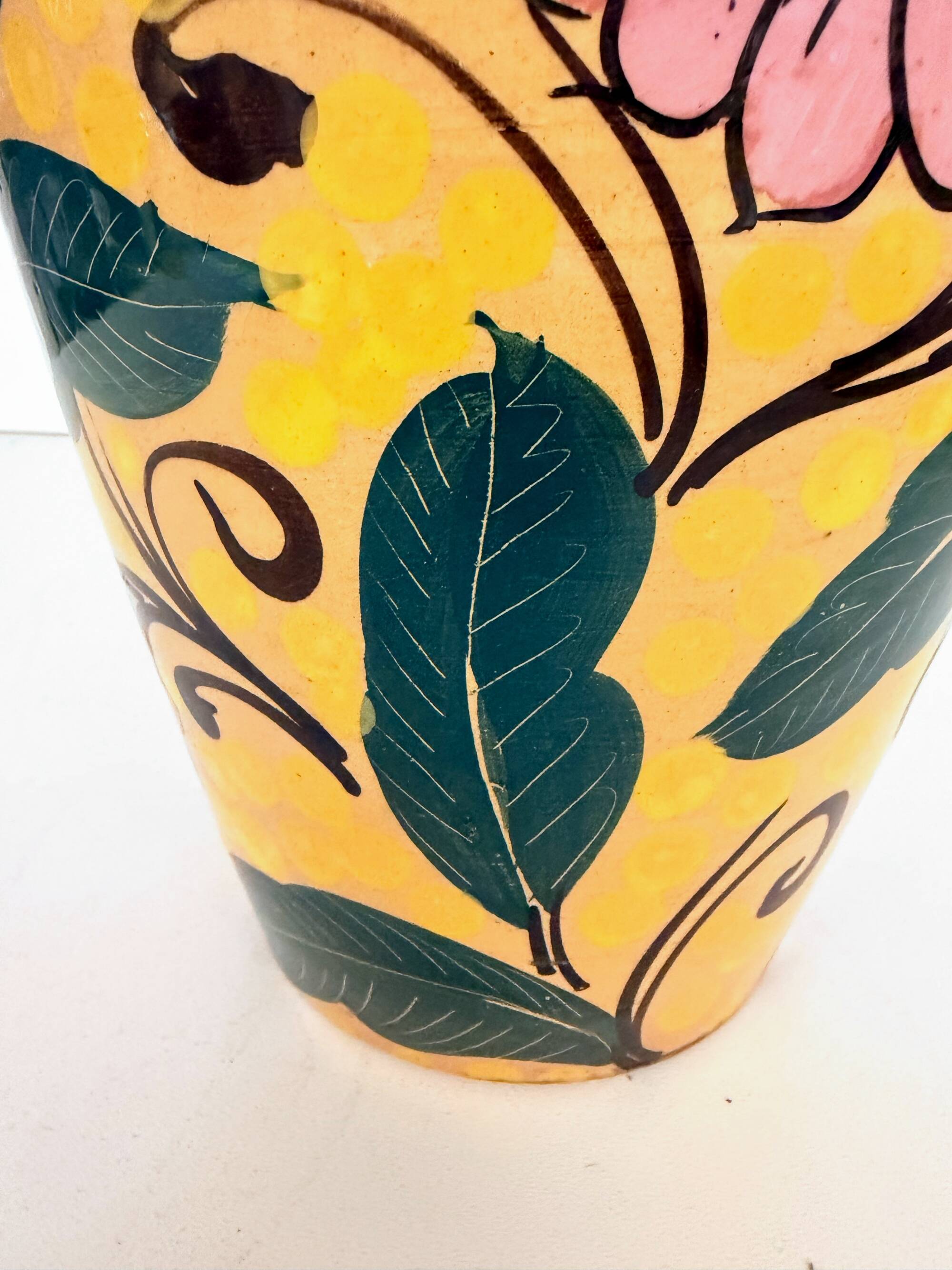 Art Deco Yellow Glazed Earthenware Vase with Futurist Floral Motifs, Italy