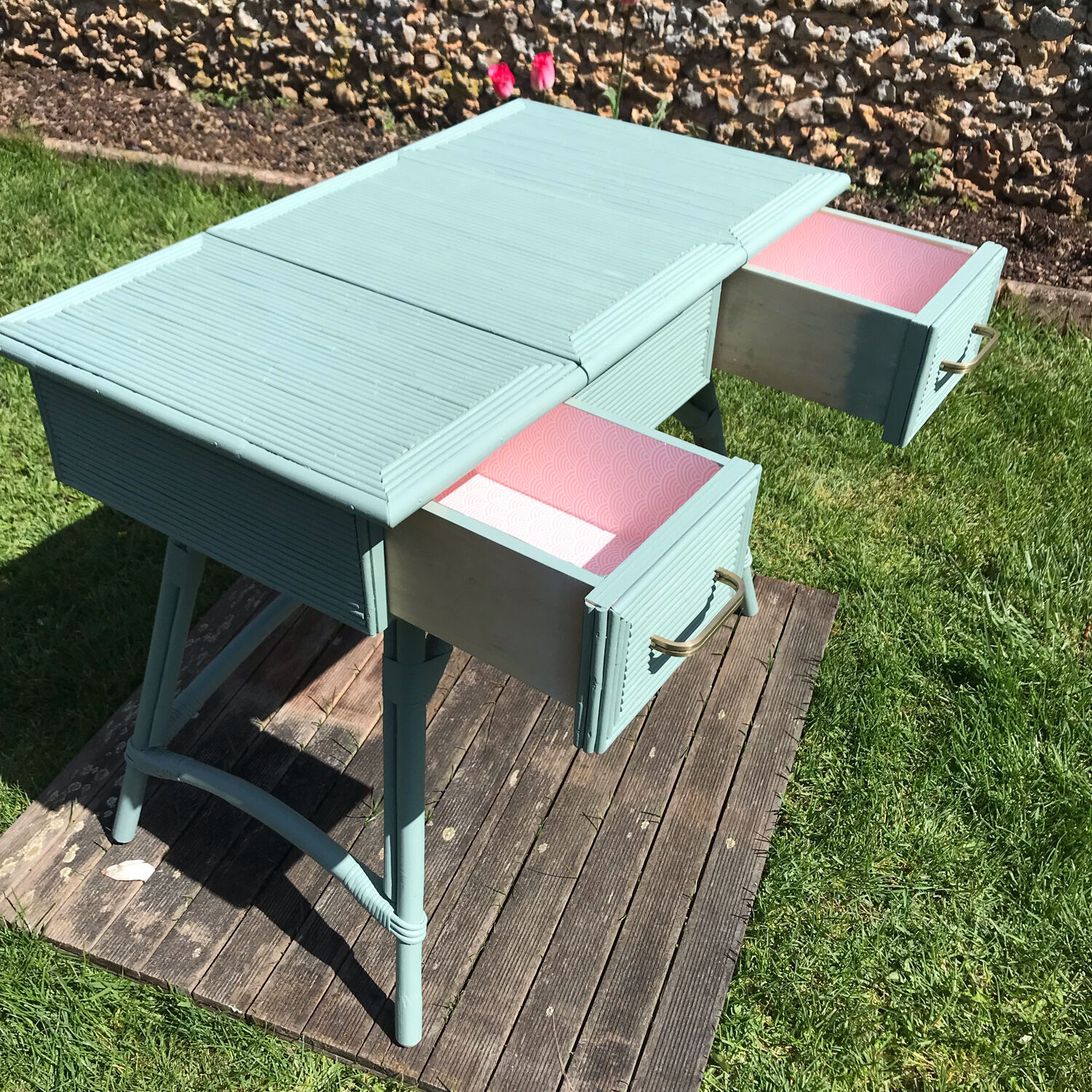 Vintage rattan desk 1950 color green
