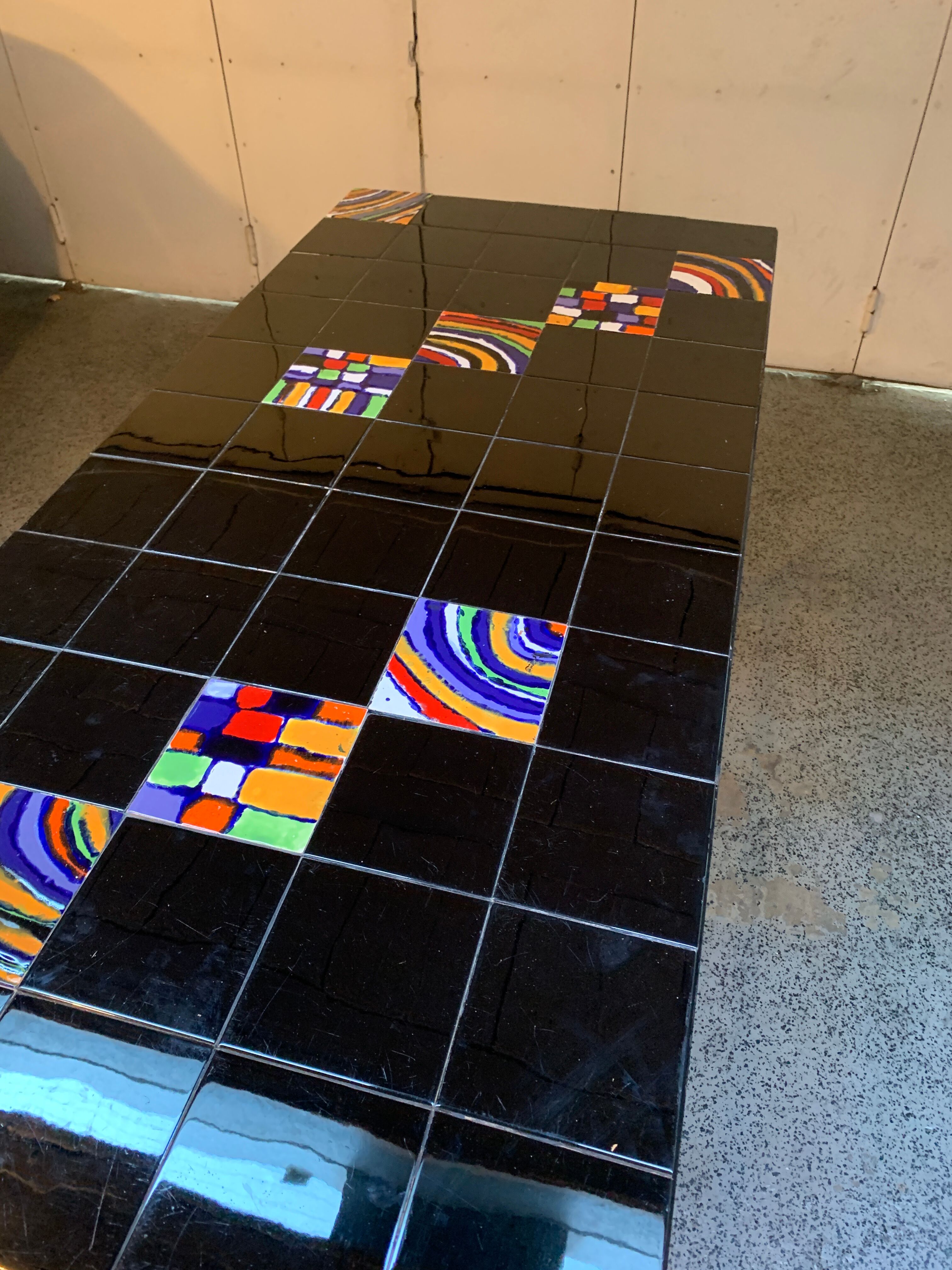 Dining table with metal base in X and painted ceramic tile cladding, 50s.