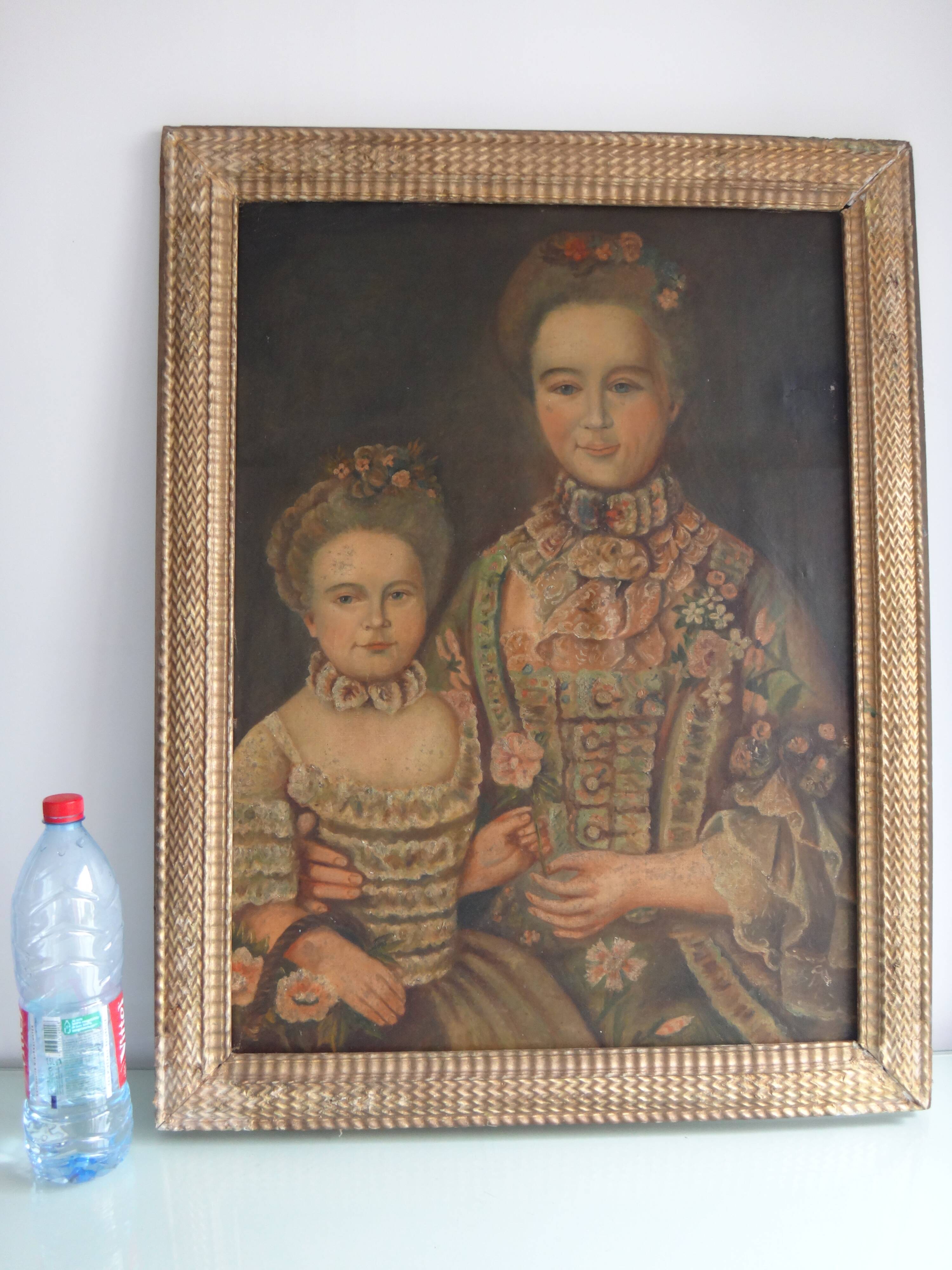 Portrait femme et fille huile sur toile encadrée, XIXe