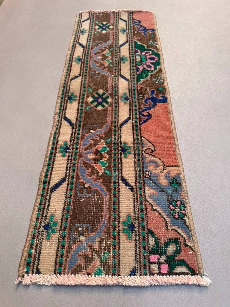Small vintage Turkish rug 36x103 cm, short runner, mini carpet 2559