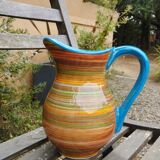 Striped ceramic pitcher, blue handle, Spanish craftsmanship, Ivanros