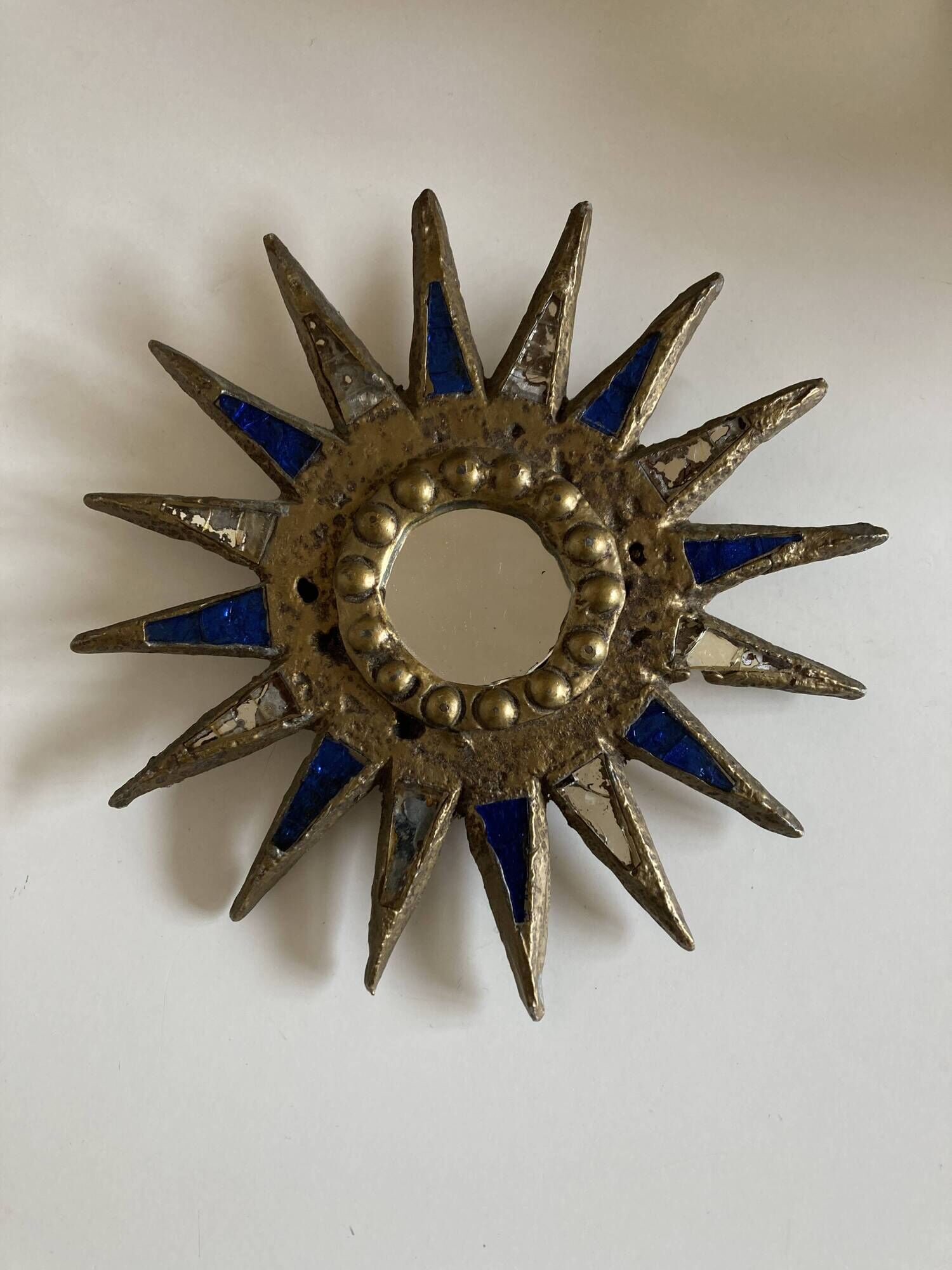 Sun mirror in gilded lead and blue glass Irena Jaworska 1960