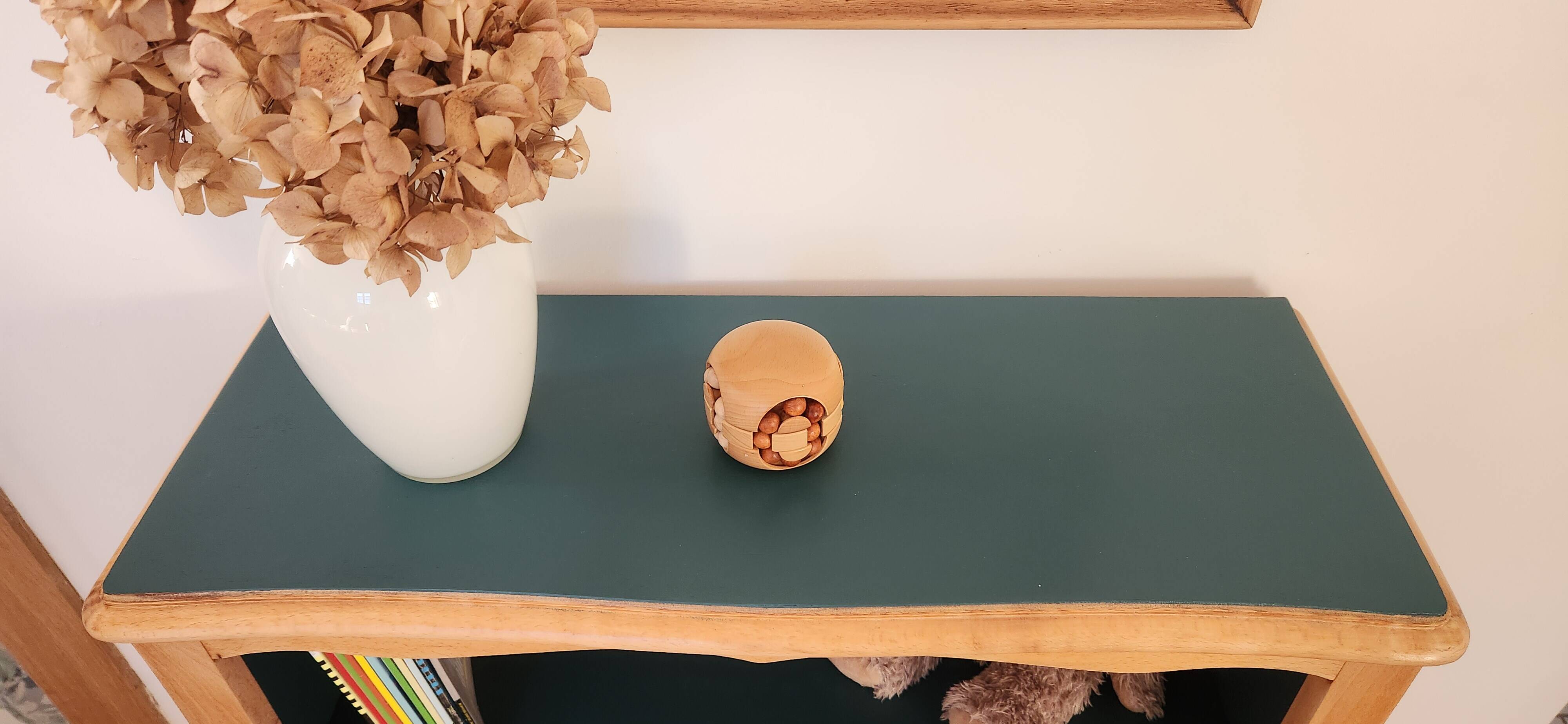 Renovated green cedar wood bookshelf