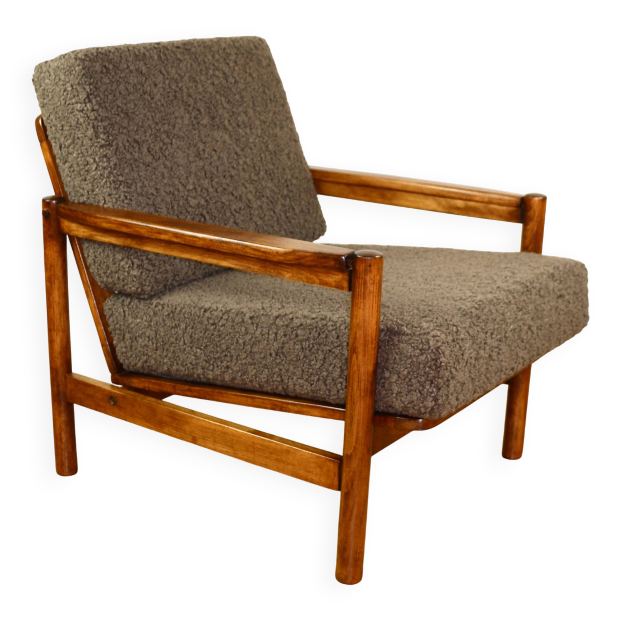 Wooden armchair designed by Z. Baczyk brown vintage chocolate brown boucle lamb