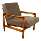 Wooden armchair designed by Z. Baczyk brown vintage chocolate brown boucle lamb