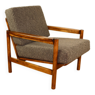Wooden armchair designed by Z. Baczyk brown vintage chocolate brown boucle lamb