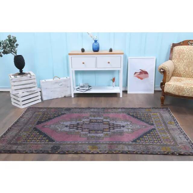 Vintage Turkish Oushak Handmade Wool Cotton Pink Area Rug 125x242