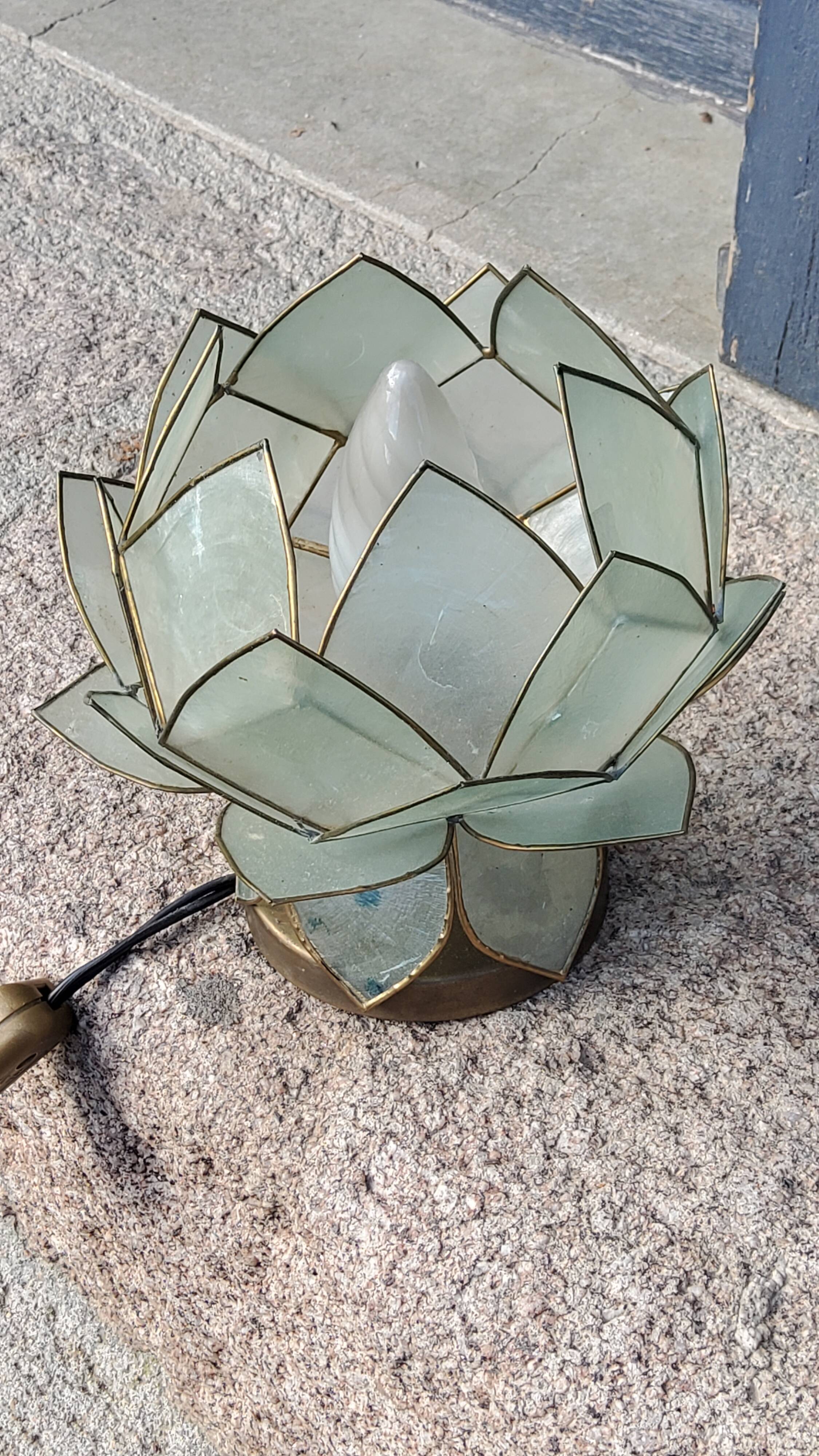 Pair of designer table lamps in turquoise blue green capiz mother-of-pearl from the 70s