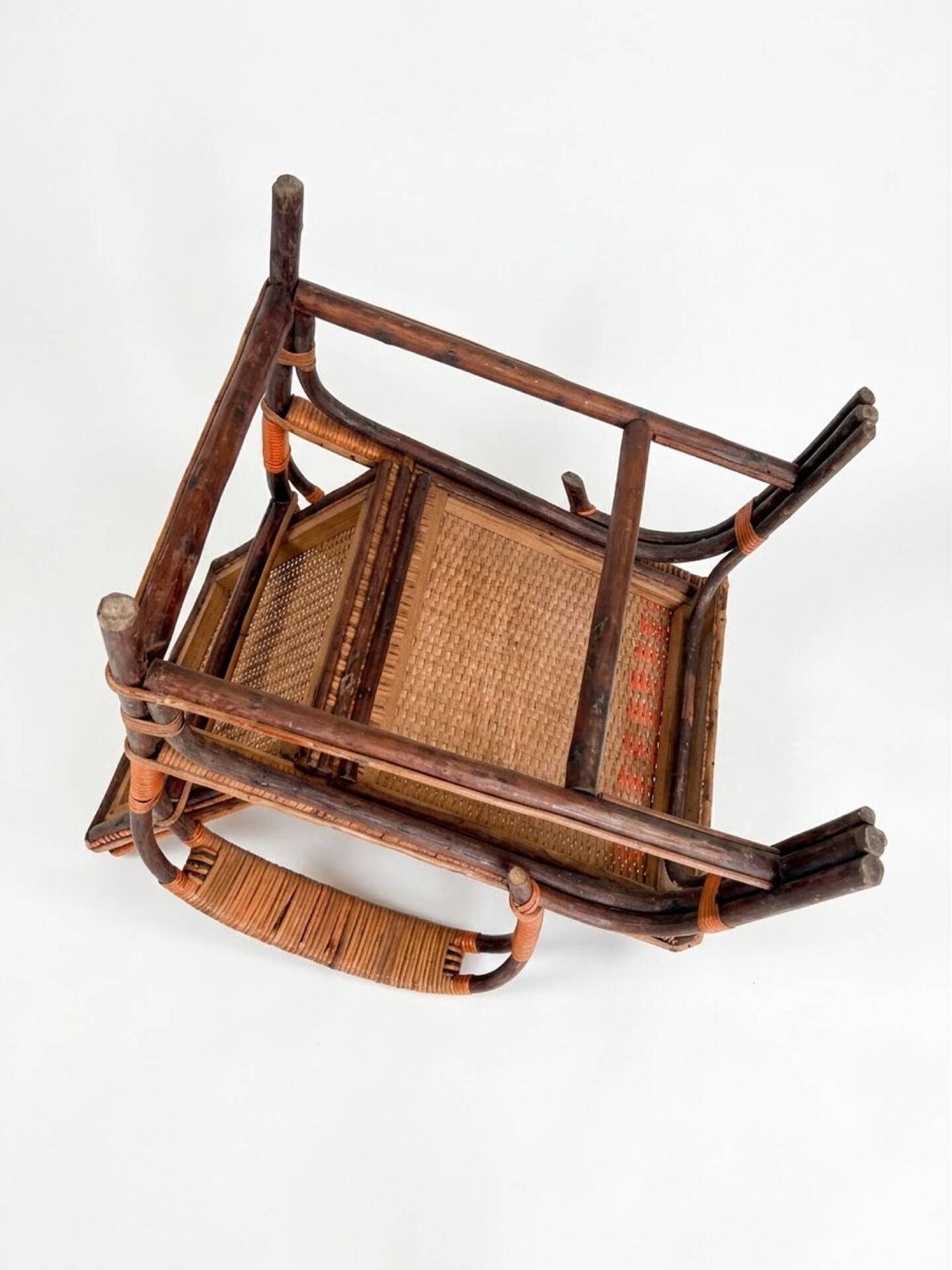 Vintage low armchair in rattan & two-tone weaving 1960s