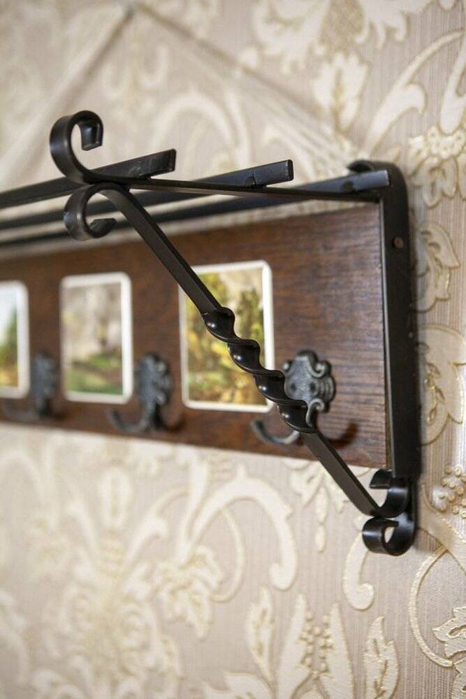Early 20th Century Dutch Oak Wall Coat Rack with Decorative Tiles, 1950s