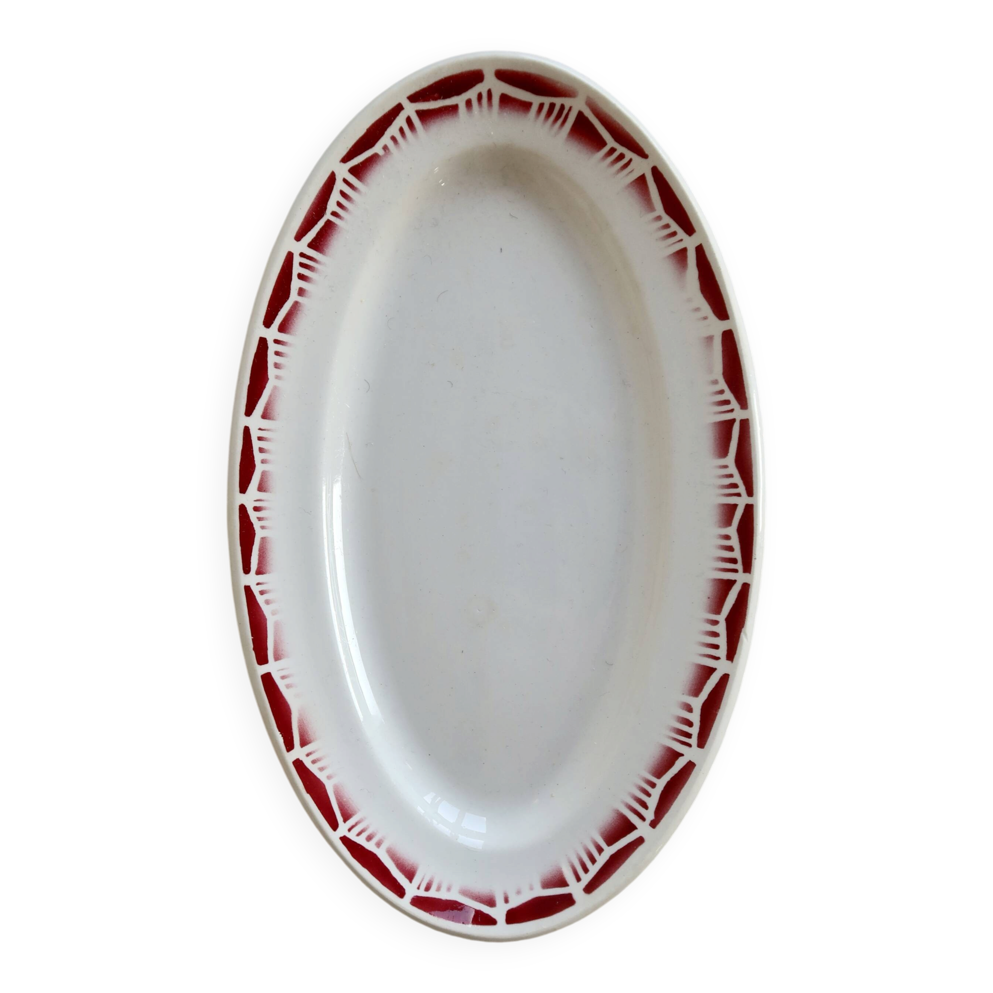 Old Ravier Céranord model Monty – Earthenware with geometric burgundy decoration