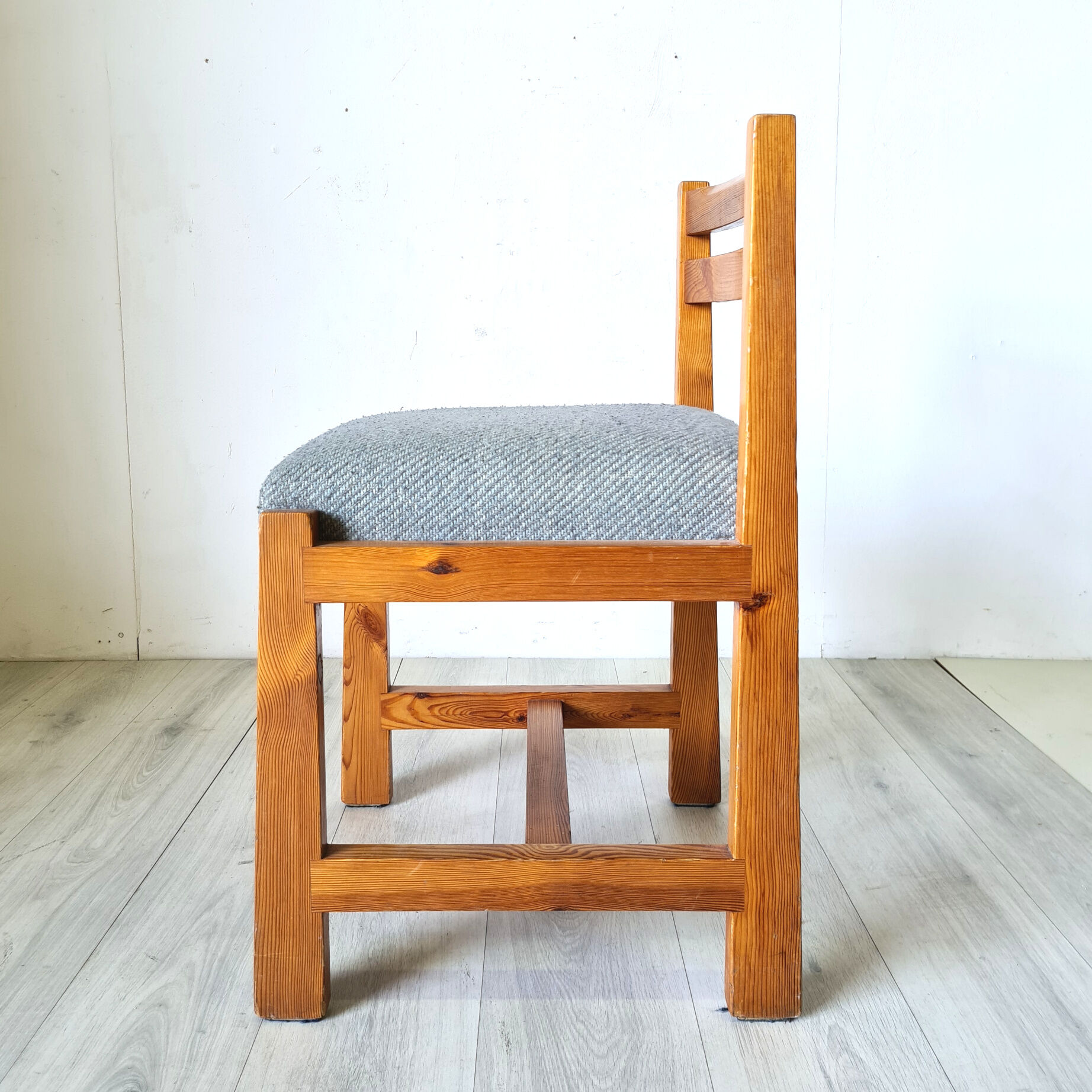 Modernist solid pine chairs with wool fabric seats, 1960s