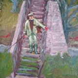 Oil on canvas - landscape with character, fauvism style, signed ROUYI 77