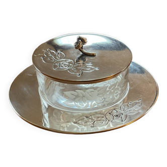 Sugar bowl, engraved glass and silver candy dish