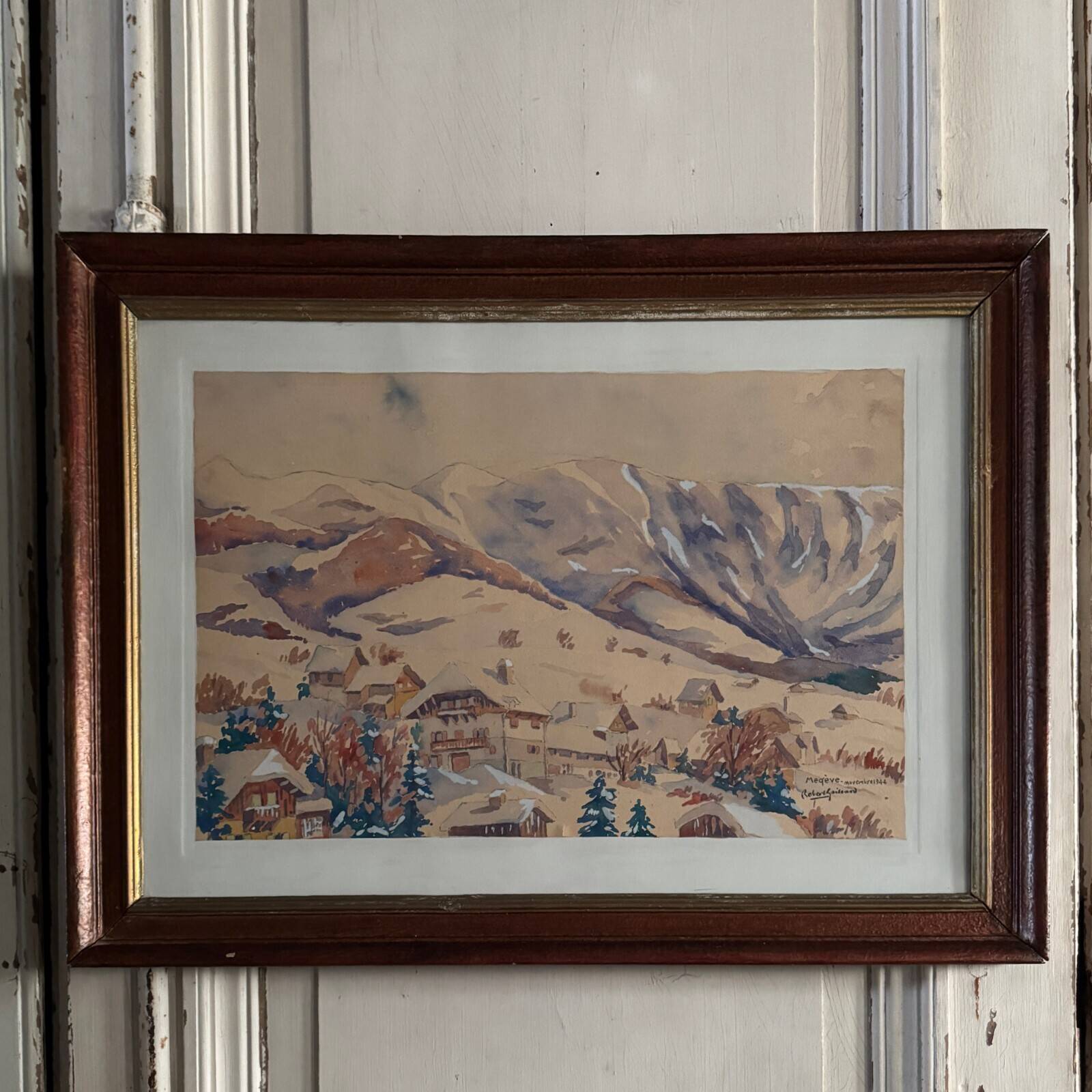 Watercolor on paper by Robert Gaillard 20th century Megève 1944