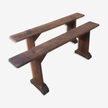 Pair of farm benches in rustic oak