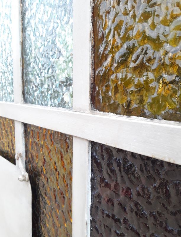 Workshop door 258.4x98.5cm in iron and colored cathedral glass