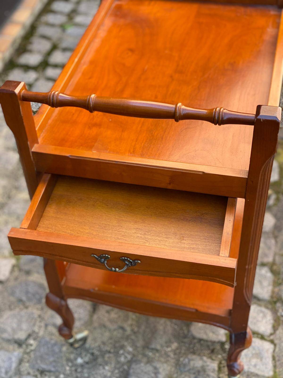 Louis XV solid wood serving trolley with bottle rack and drawer