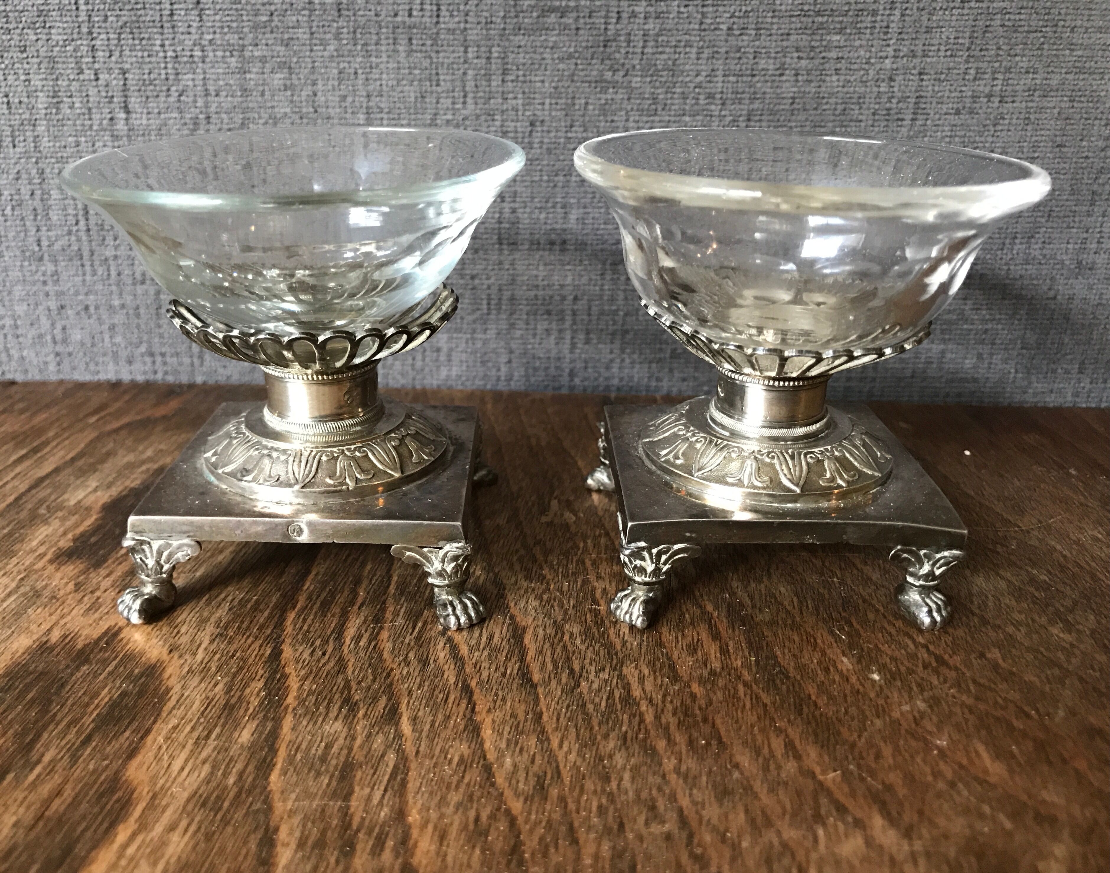 Pair of salt pans, solid silver salt shakers and Crystal Hallmark Rooster XIX