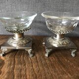 Pair of salt pans, solid silver salt shakers and Crystal Hallmark Rooster XIX