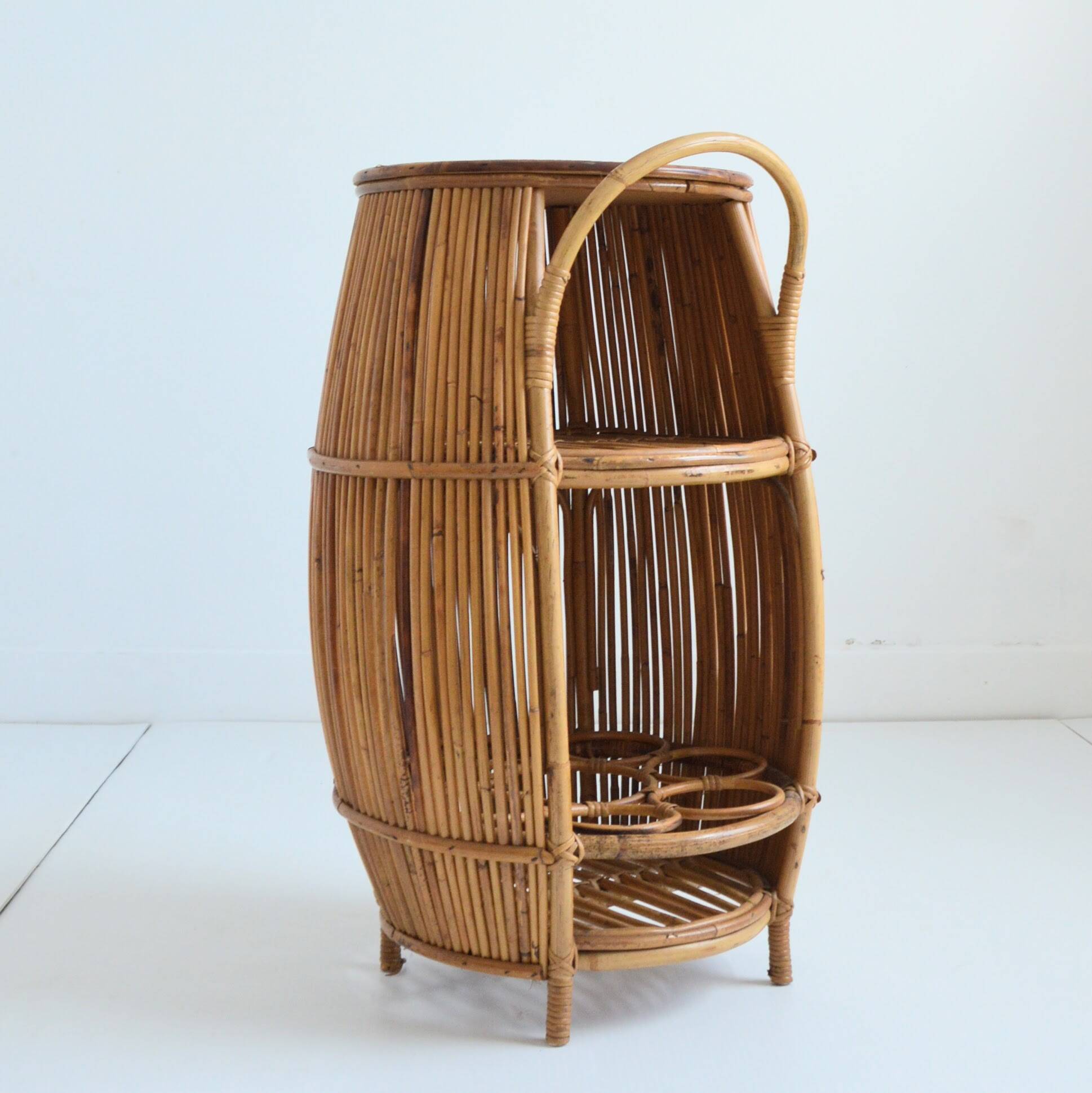Small barrel-shaped bar cabinet in bamboo and rattan, Italy, 1960s