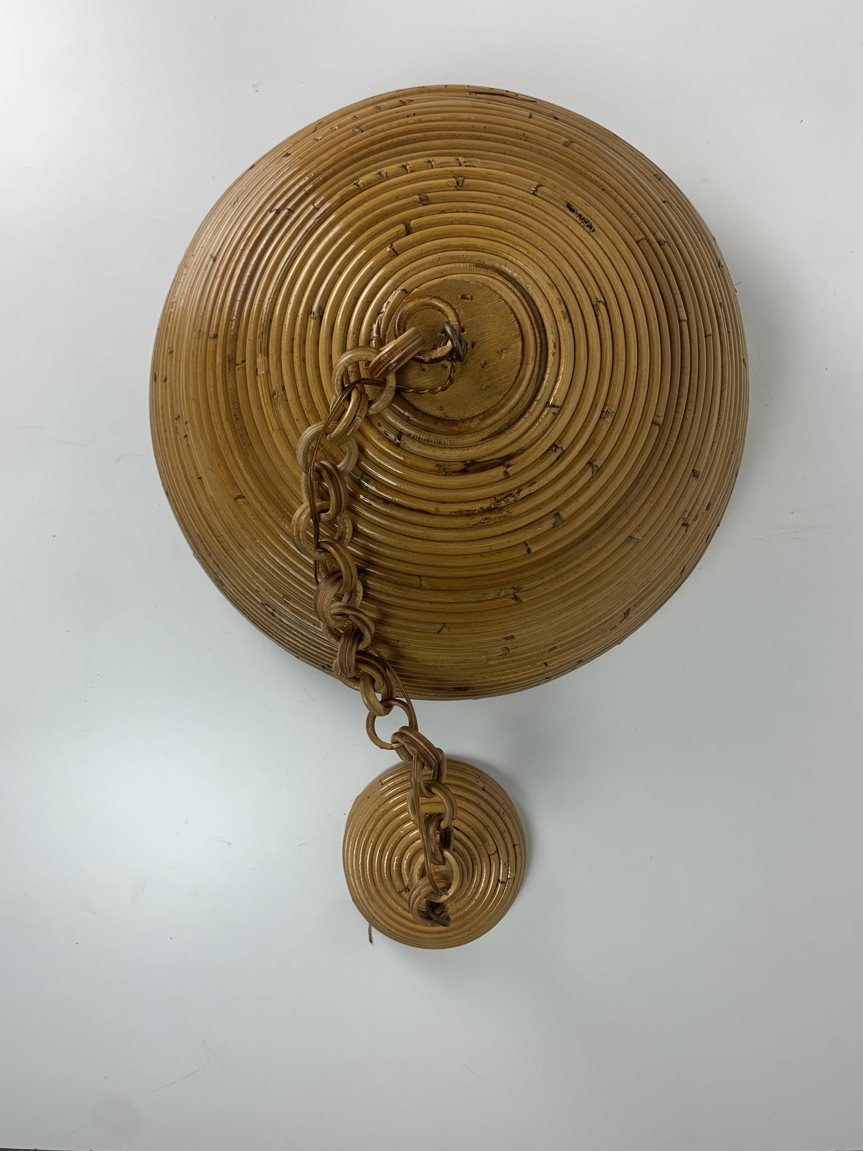 Midcentury pencil reed rattan bamboo pendant hanging lamp, Italy, 1970s