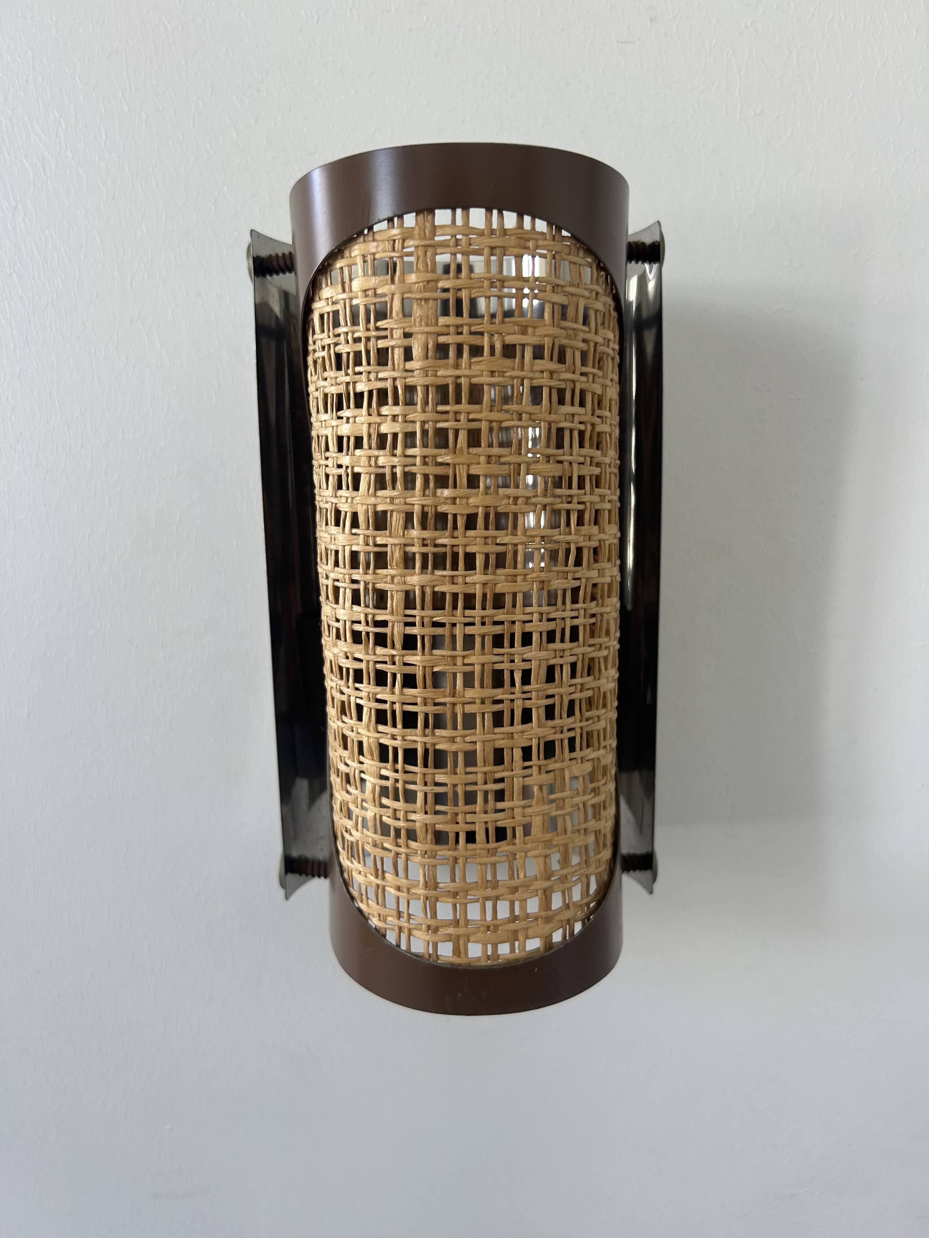 Pair of vintage sconces, cane and chrome, France 1970