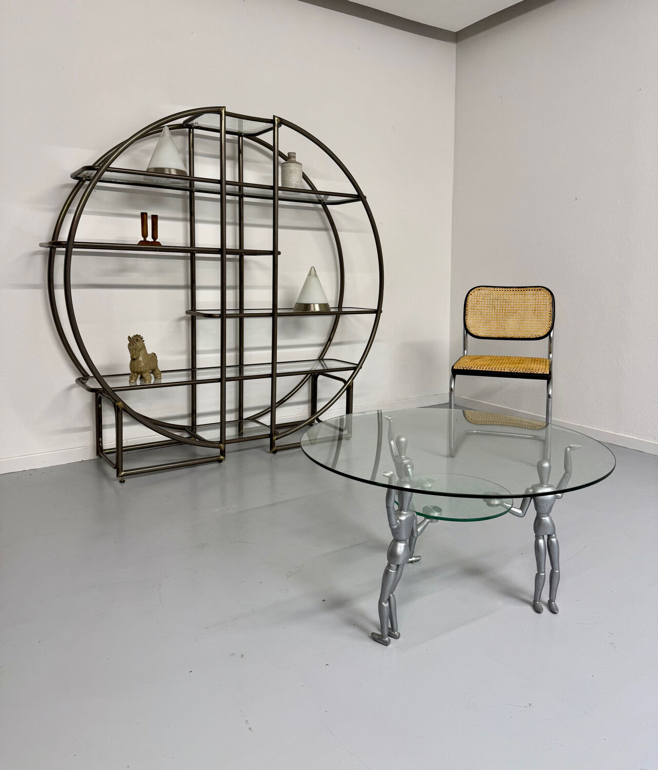 80s design glass and metal coffee table with vintage metal characters