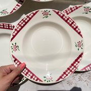 6 Digoin Sarreguemines Niger model soup plates with floral pattern and red/white checks