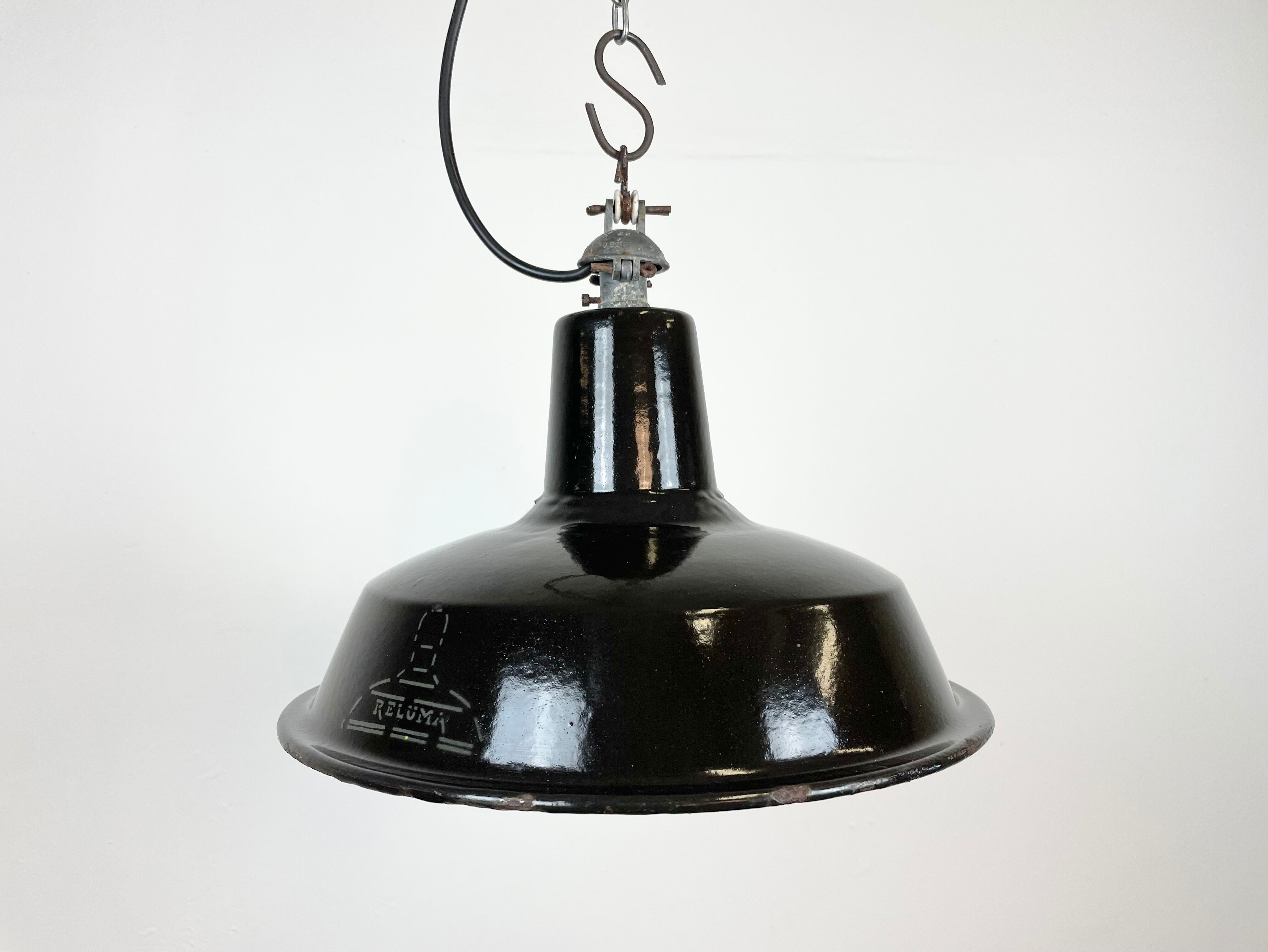 Industrial Black Enamel Hanging Lamp from Reluma, 1950s