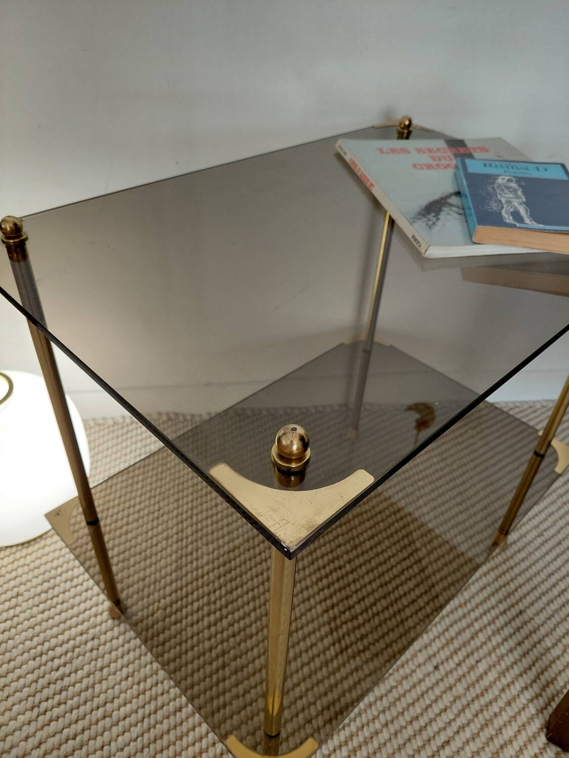 Modernist brass and smoked glass table - 1970s gallery style.