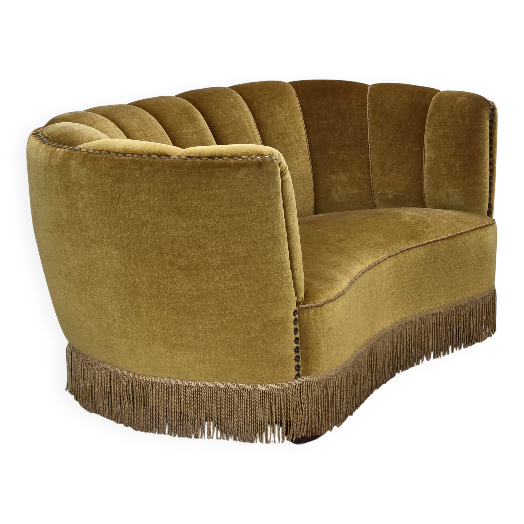 1960s, Danish 2-seater "Banan" sofa, green furniture velour, oak wood.