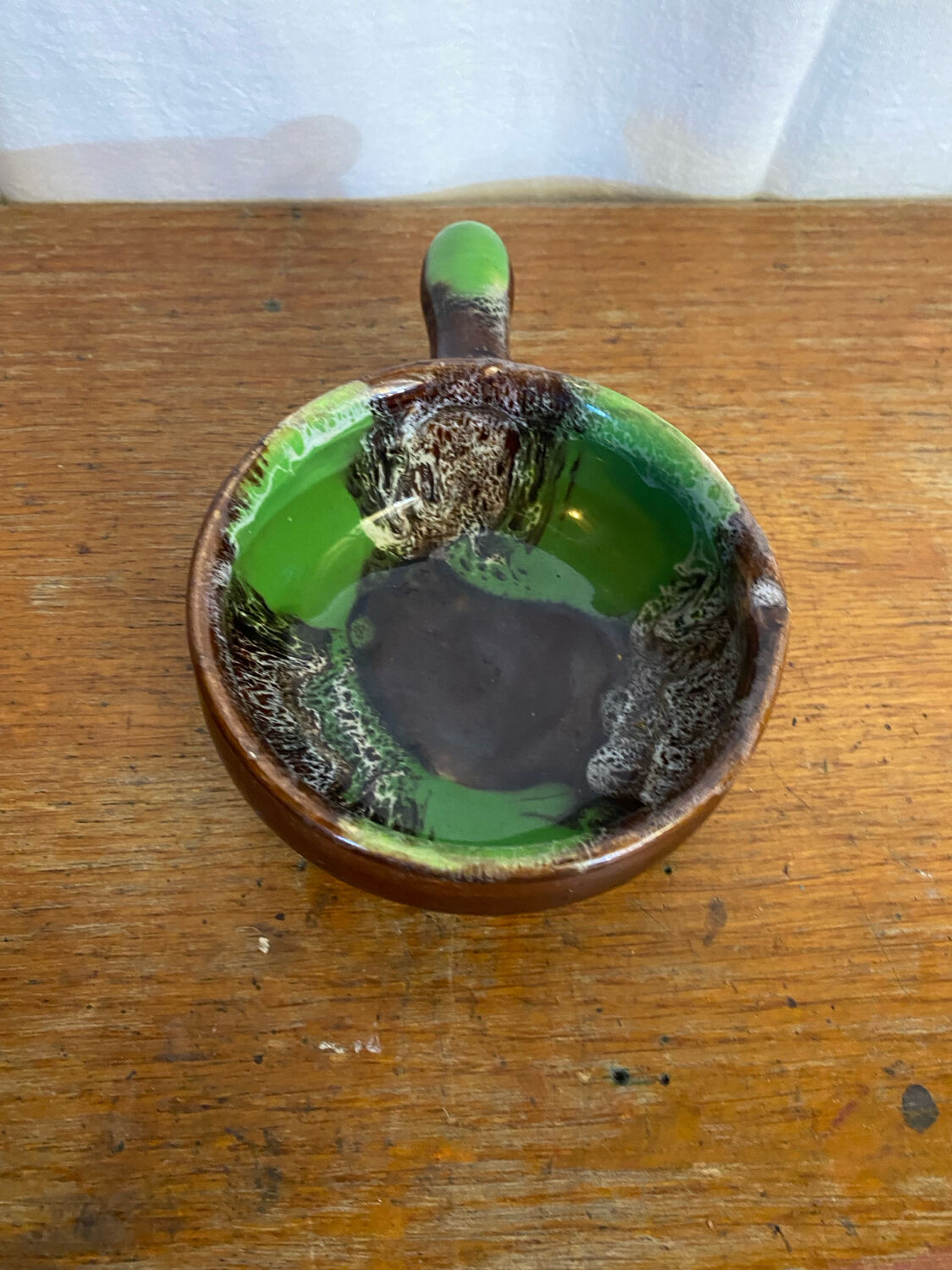 Poêlon vide poche ancien vallauris céramique verte marron caquelon vin