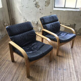 Danish sofa and armchairs curved wood and leather