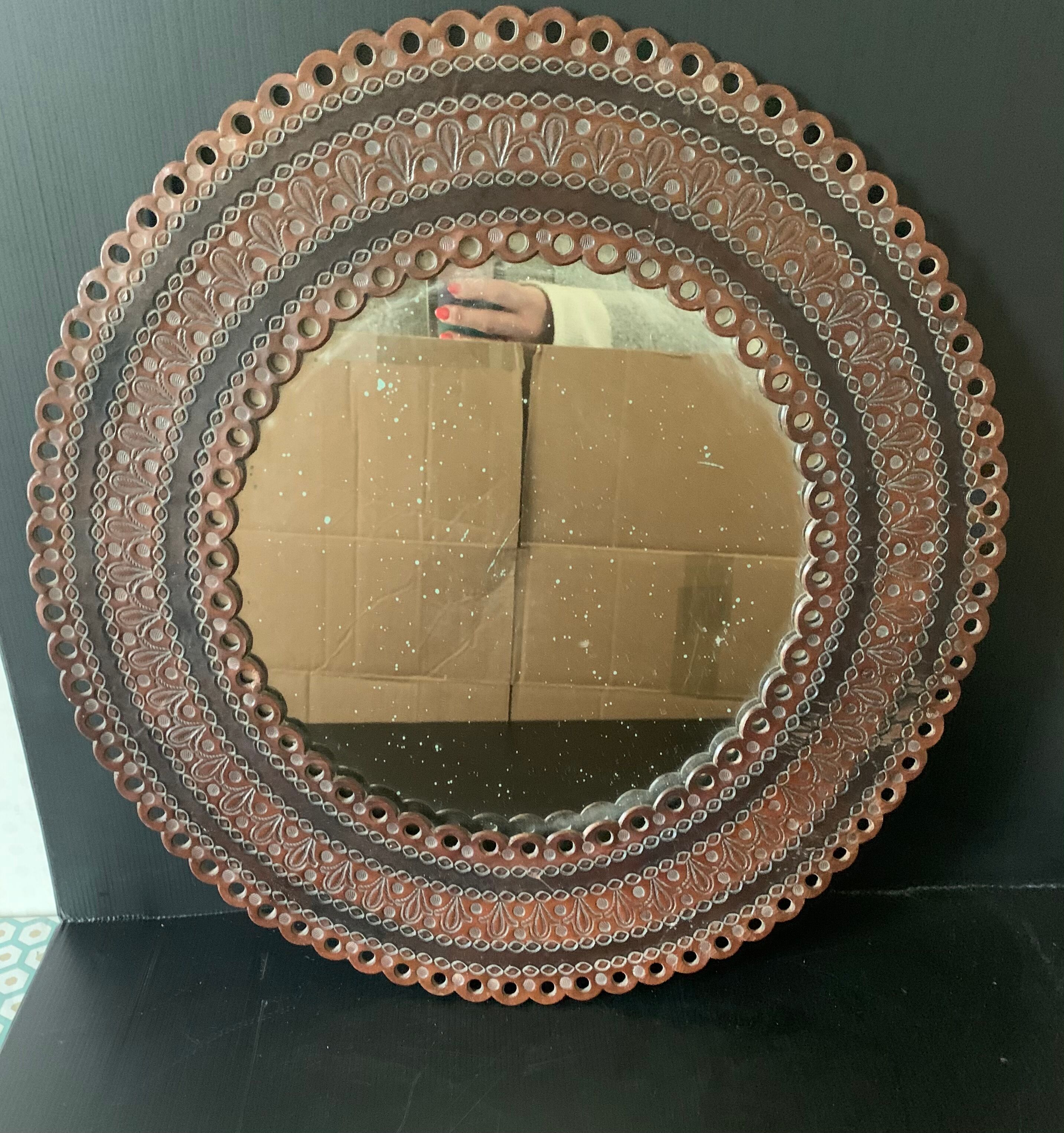 Round mirror leather frame 50cm