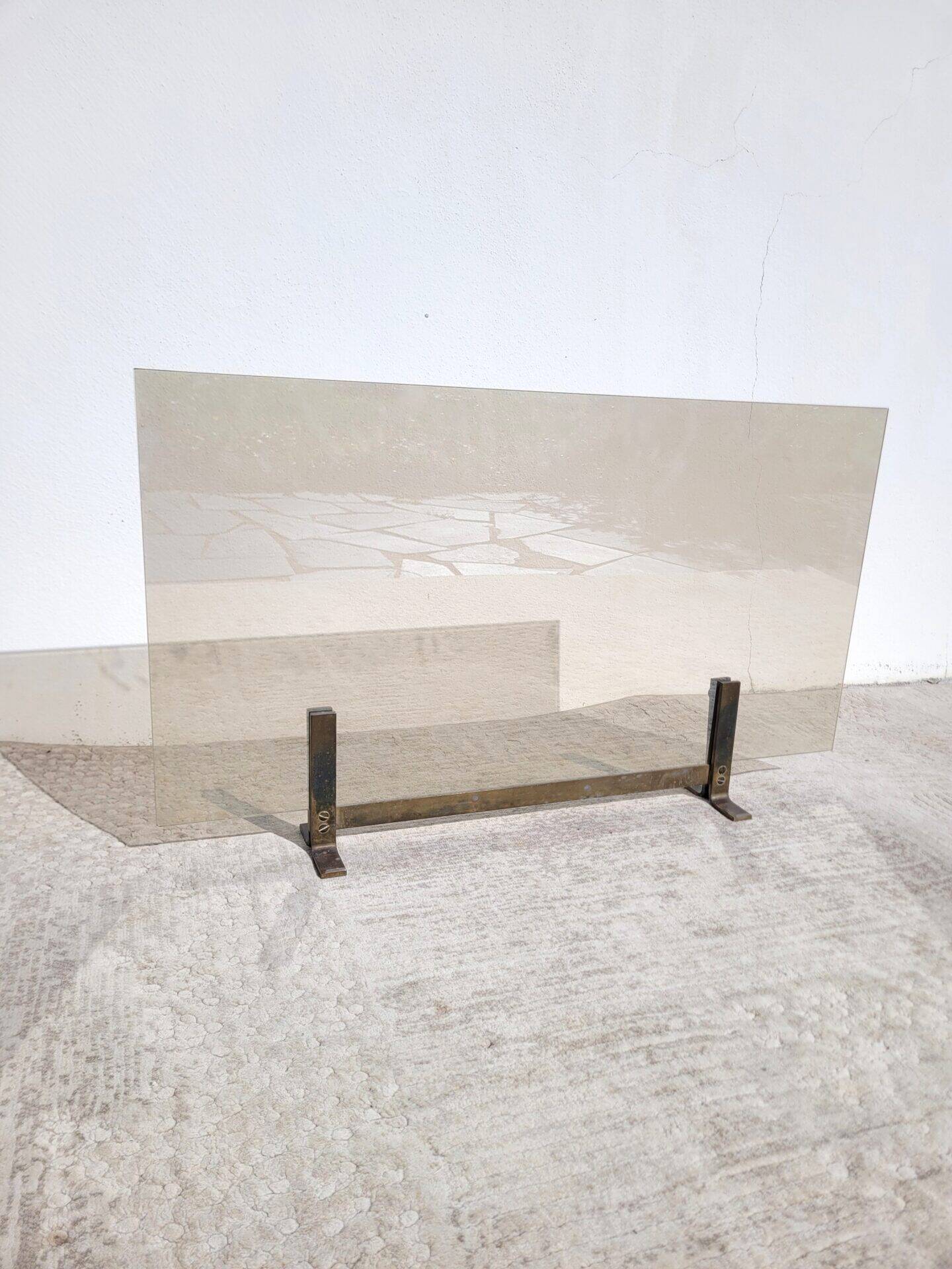 70s smoked glass and gilded brass fire screen