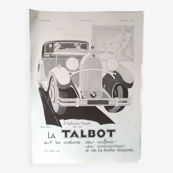 Une publicité papier  voiture marque Talbot   8 cylindres issue revue d'époque 1930
