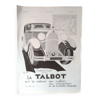 Une publicité papier  voiture marque Talbot   8 cylindres issue revue d'époque 1930