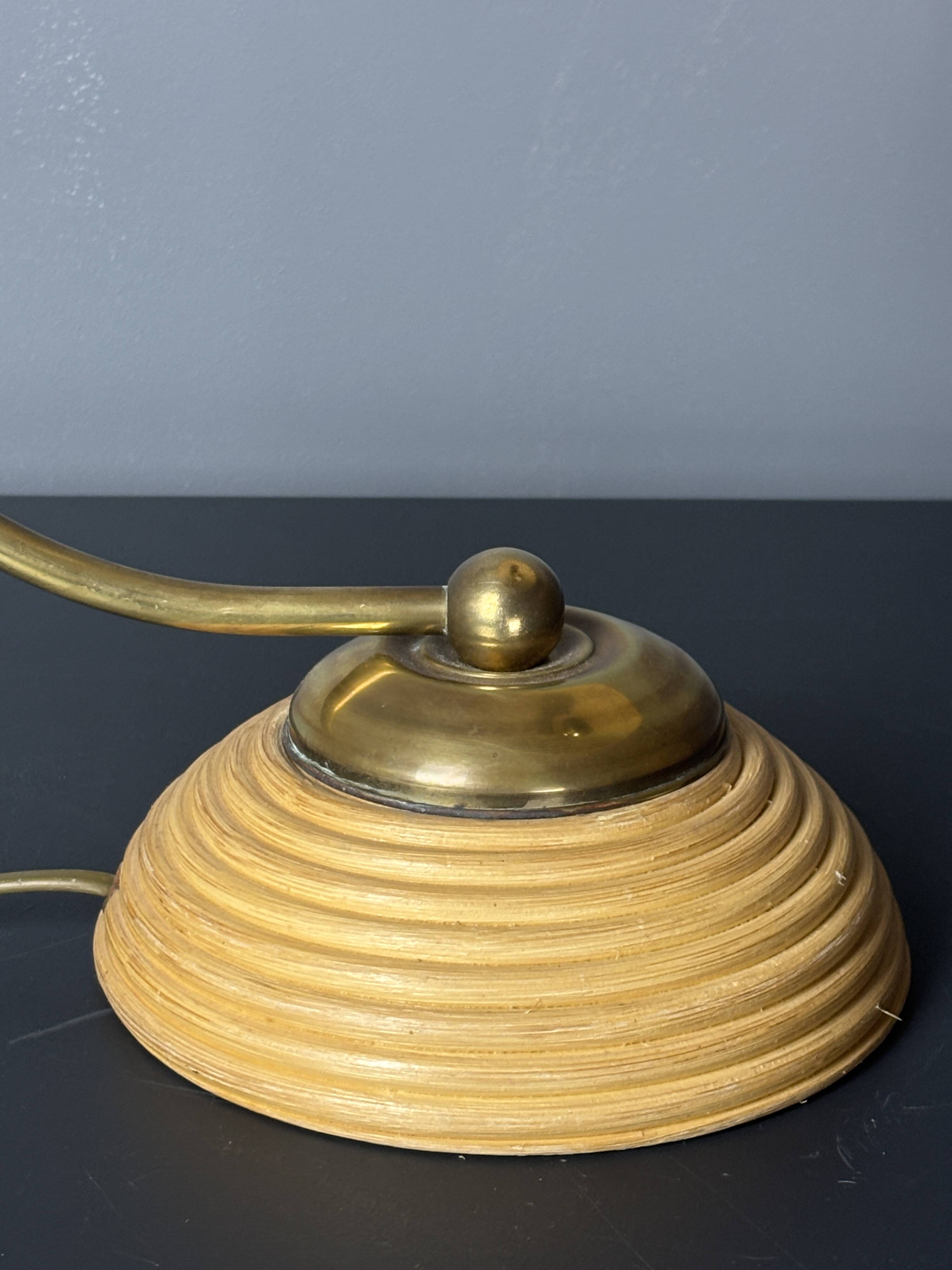 Midcentury pencil reed rattan bamboo and brass table lamp, Italy, 1970s