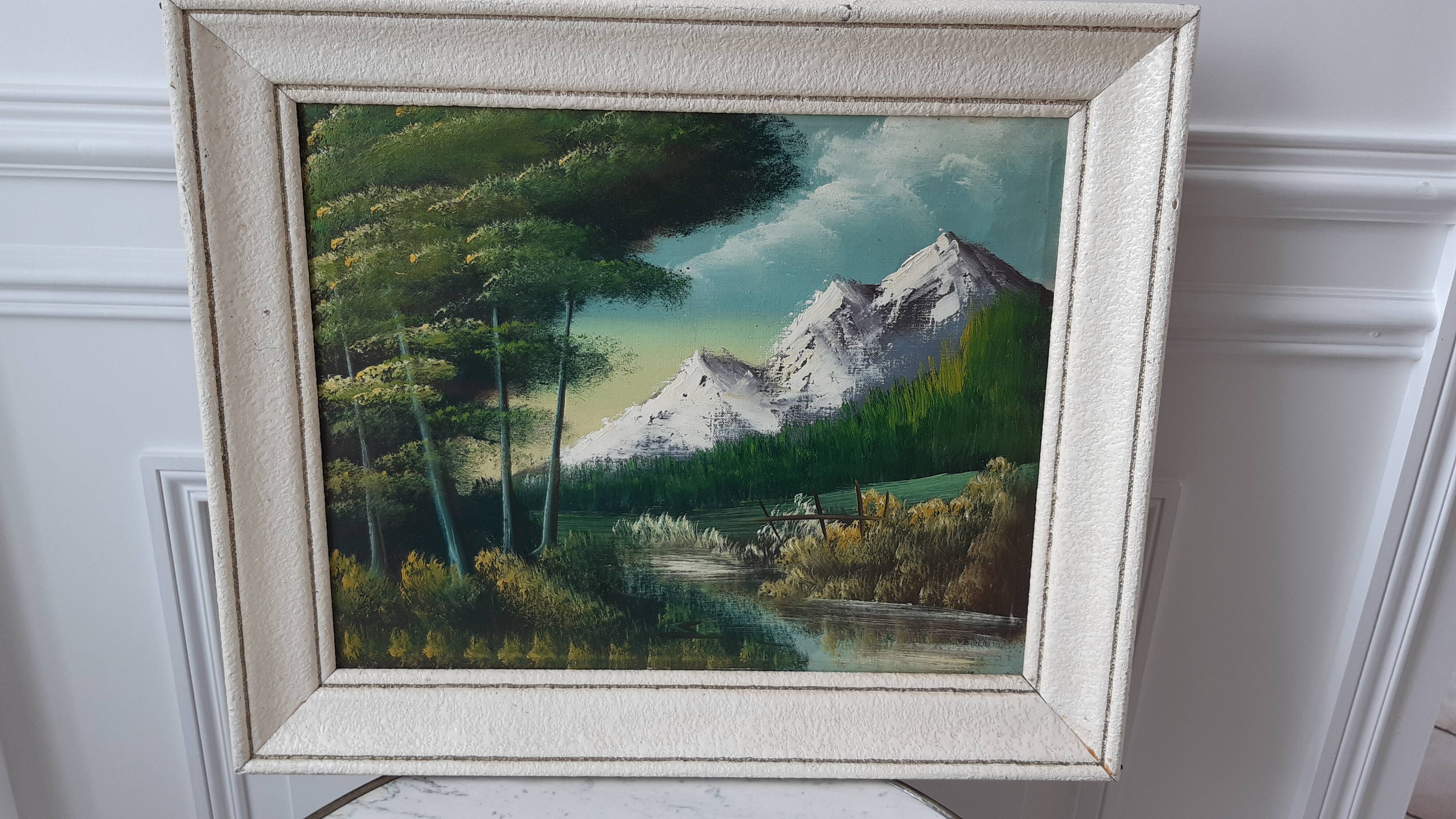 Oil painting on canvas landscape vintage mountains