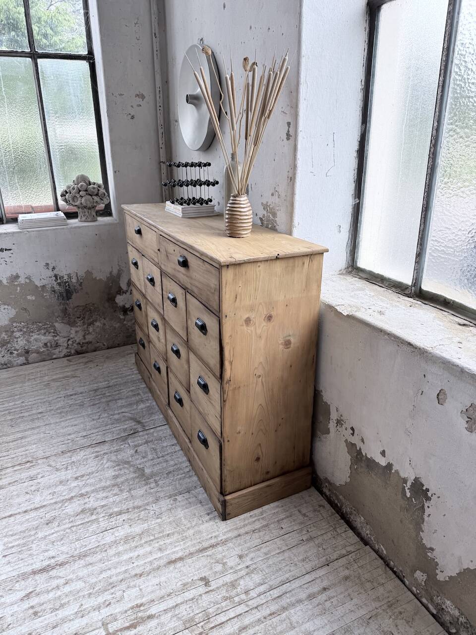 1950s pine workshop cabinet with drawers