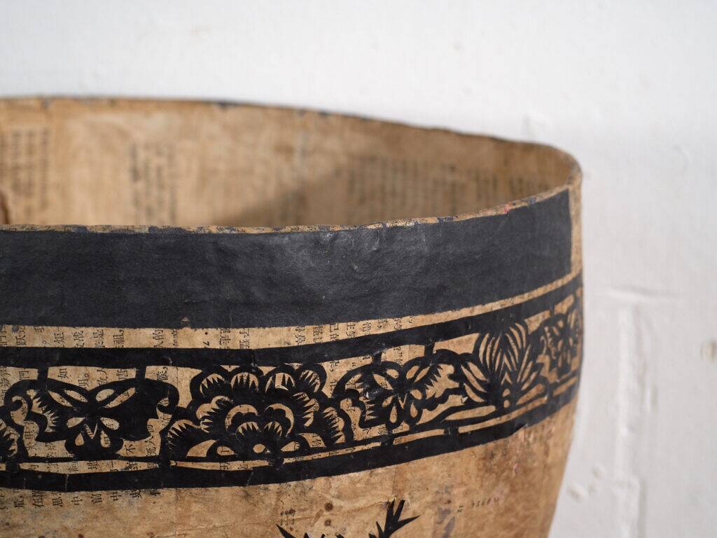 Antique Chinese papier-mâché basket with black papercuts – China, circa 1930