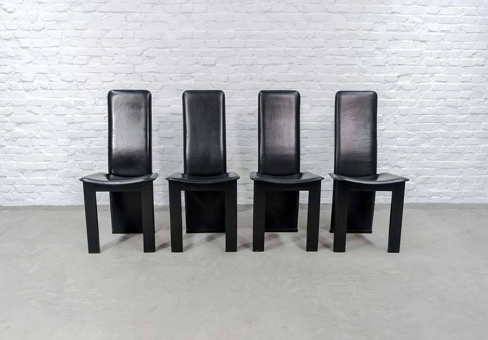 Cidue Style Black Sadle Leather High Back Italian Design Dining Chairs 70s