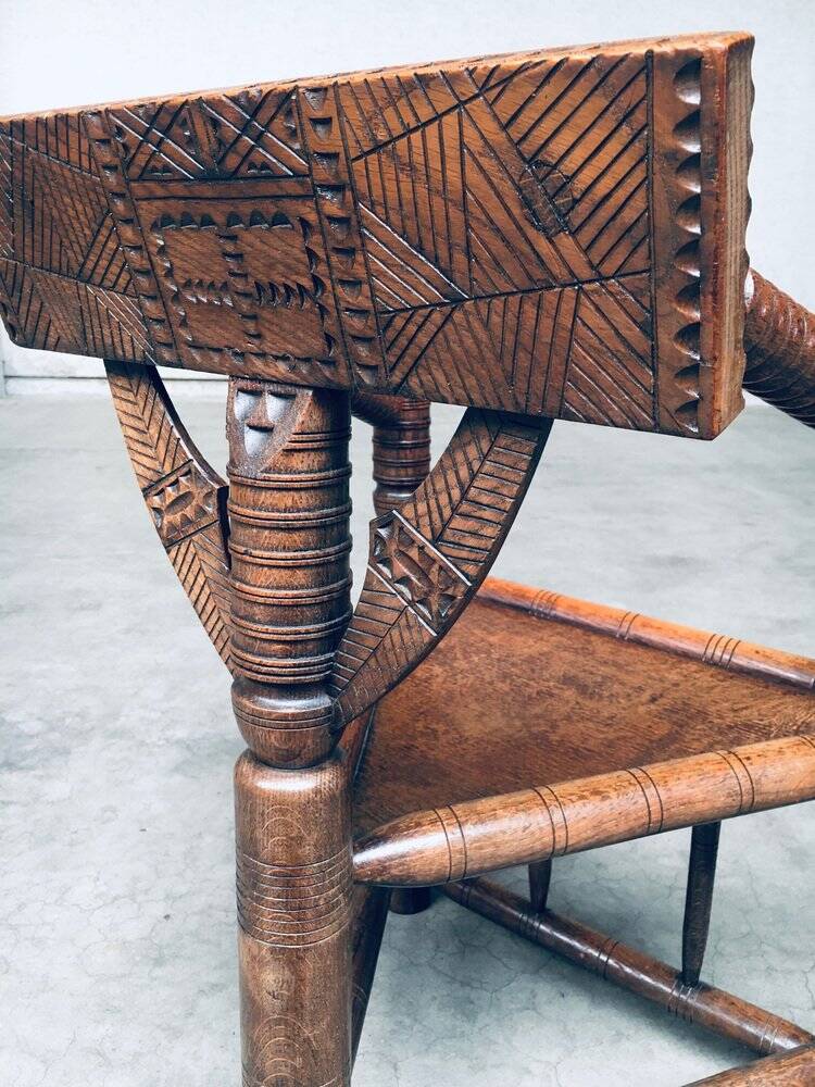 Brutalist Carved Oak Tripod Monk Chair, Sweden, 1930s