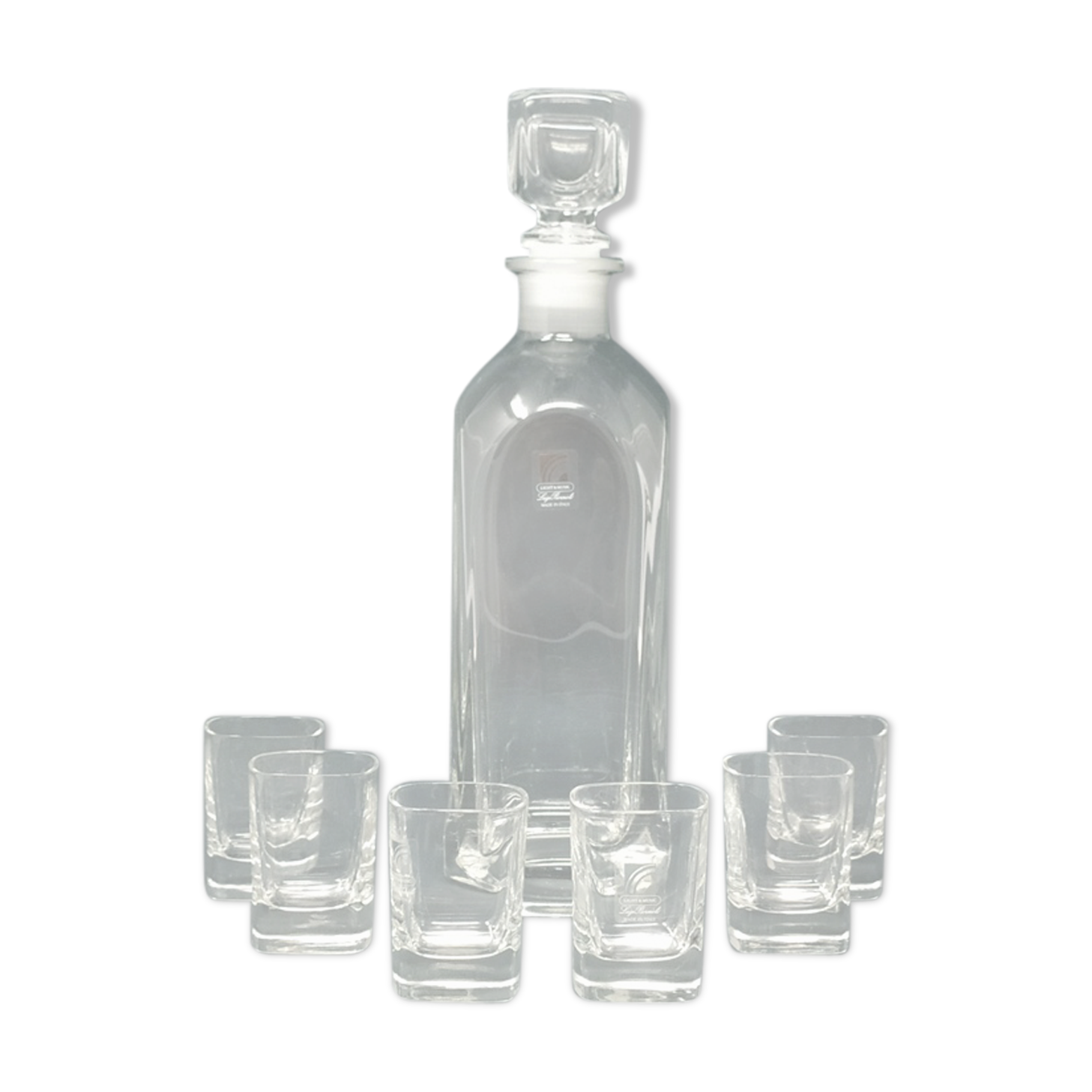 Italian vintage crystal decanter with 6 crystal glasses signed Luigi Bormioli 1970s